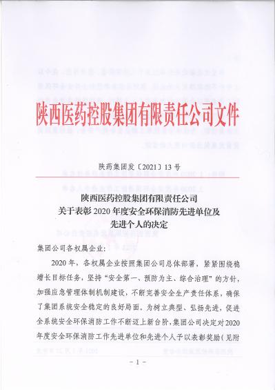 陜藥集團發(fā)〔2021〕13號關(guān)于表彰2020年度安全環(huán)保消防先進單位及先進個人的決定